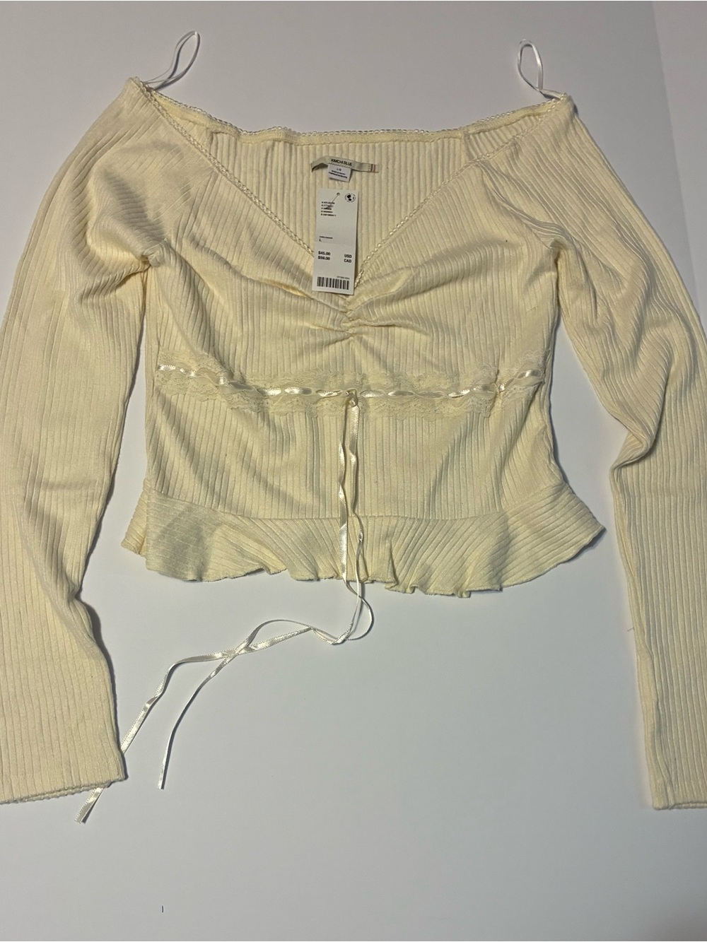 Urban Outfitters Cream Ribbed Long-Sleeve Ruched Crop Top